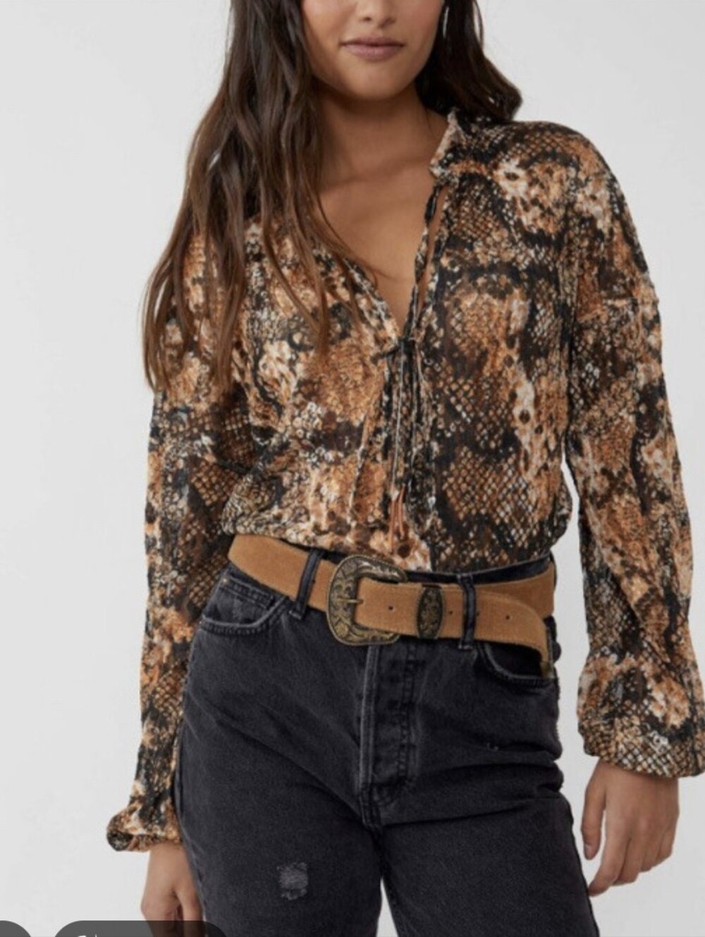 Free People Black and Tan Snake Print Blouse